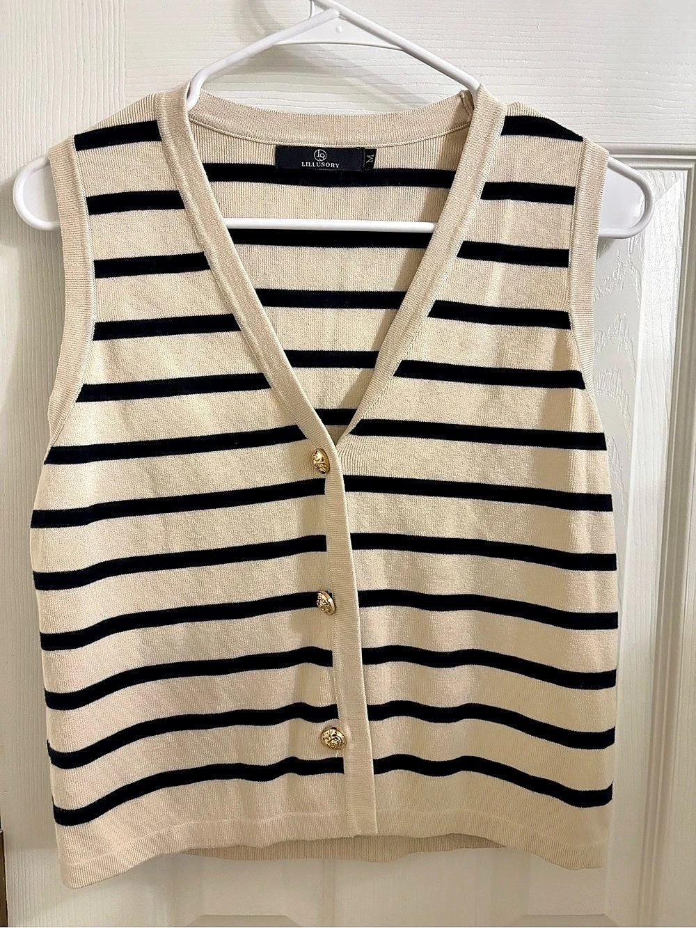 LILLUSORY Striped Button-Front Vest Cream & Black Medium Like New